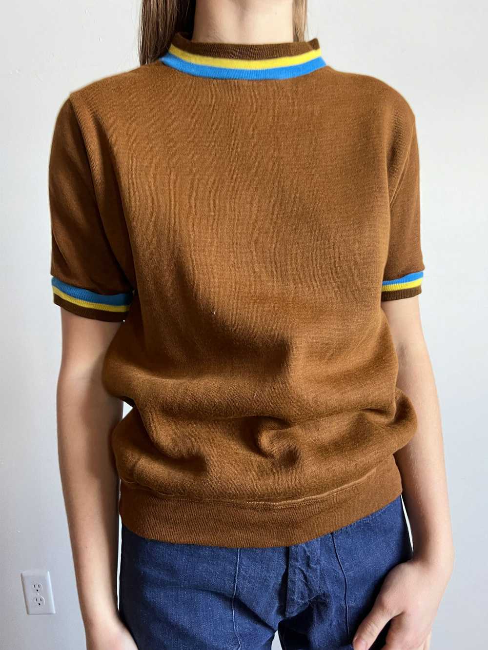 Vintage 1960's Brown Sweater with Striped Cuffs, … - image 2