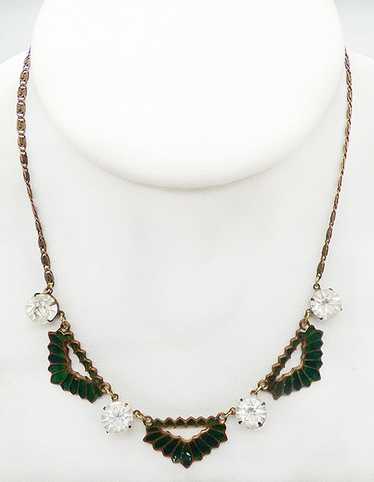 Art Deco Green Enameled Brass Link Necklace