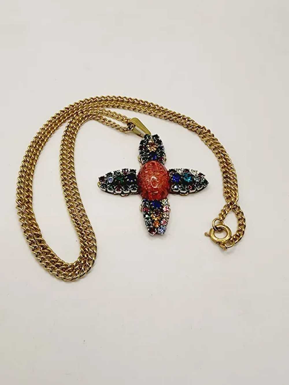 Vintage Jeweled Glass Cross Necklace (A538) - image 2