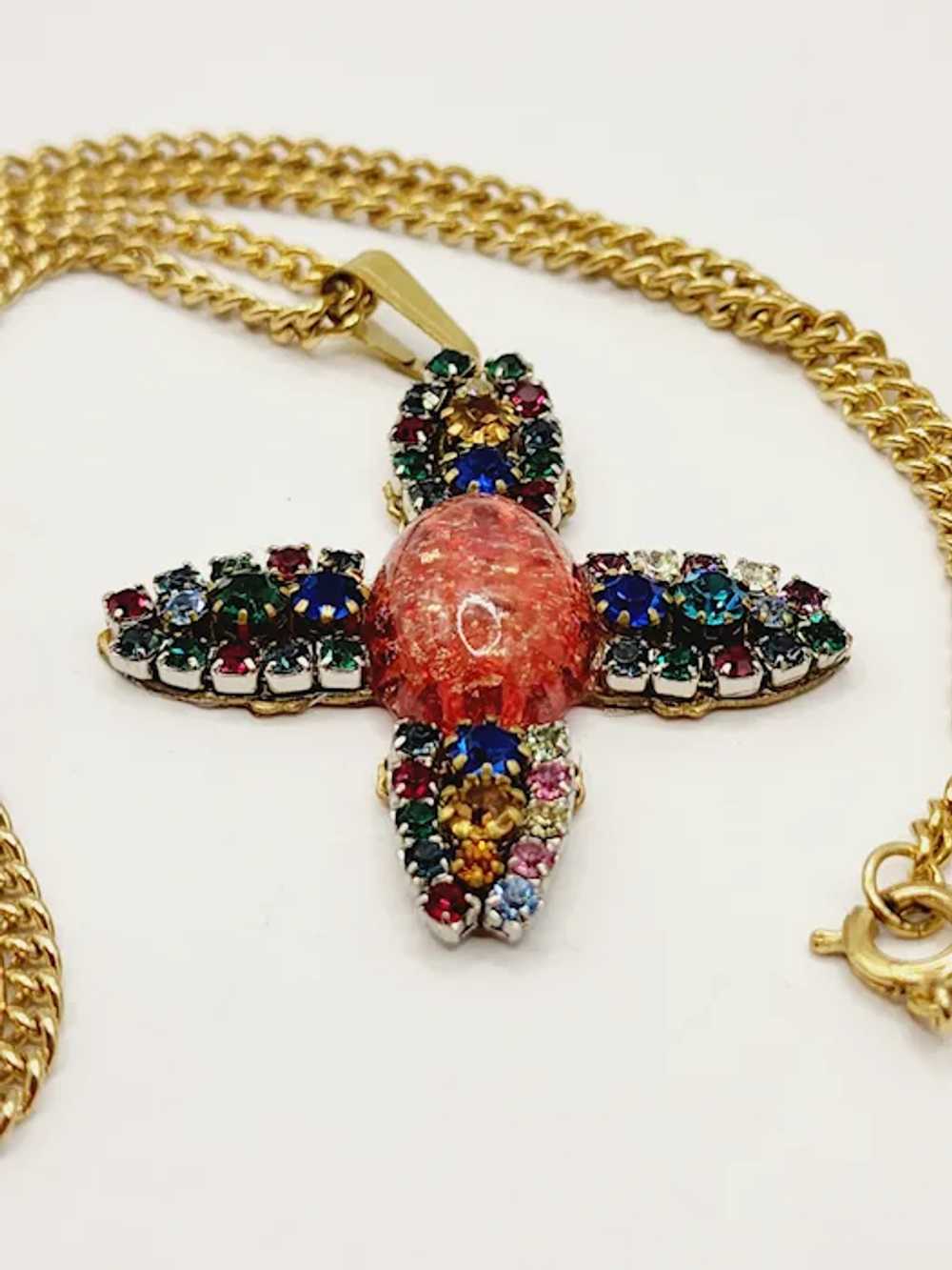 Vintage Jeweled Glass Cross Necklace (A538) - image 3