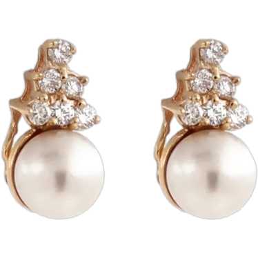Freshwater Pearl Diamond Drop Earrings 14K Yellow… - image 1