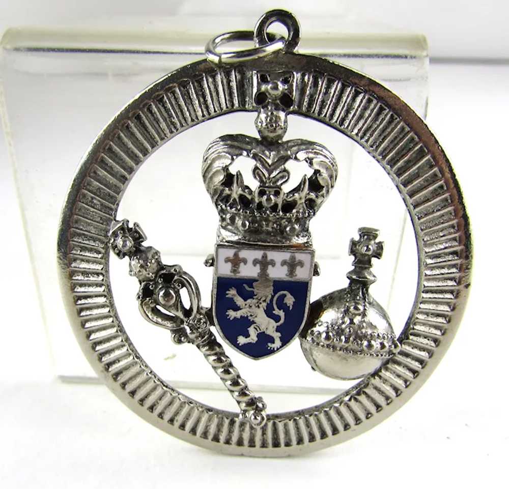 Vintage Coro Signed Royal Themed Pendant in Silve… - image 2