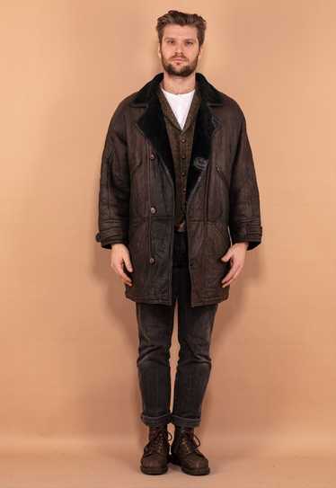 Vintage 90's Men Sheepskin Leather Coat in Grey - image 1