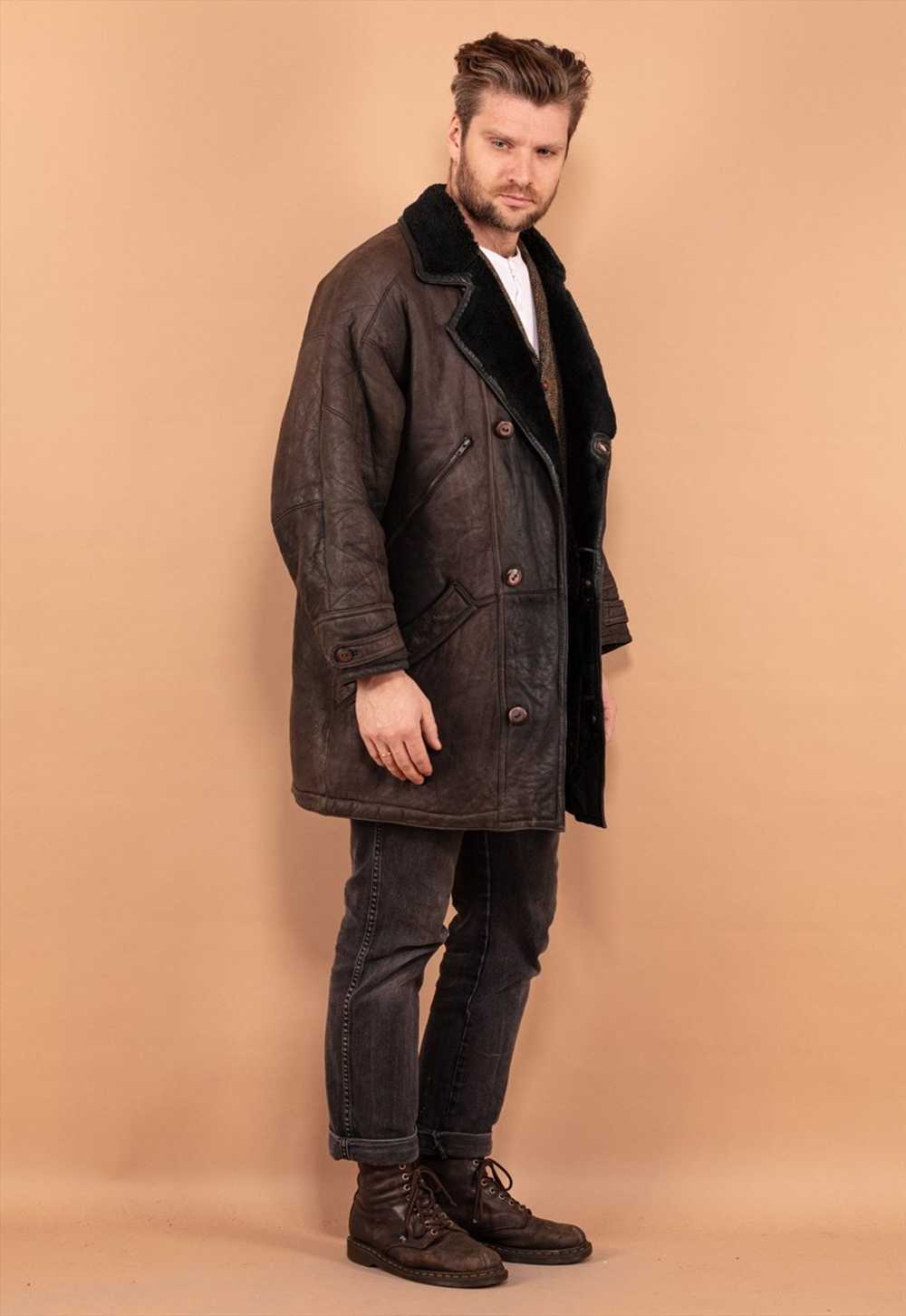 Vintage 90's Men Sheepskin Leather Coat in Grey - image 2