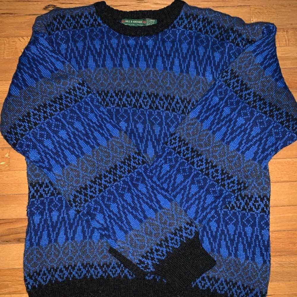 Vintage 90's Blue Patterned Wool Essential Knit S… - image 1