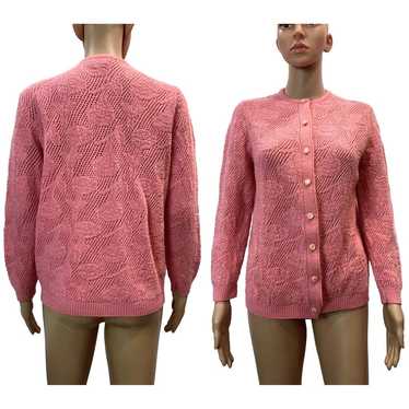 70s Granny Cardigan Pink/Salmon Open Knit Floral … - image 1
