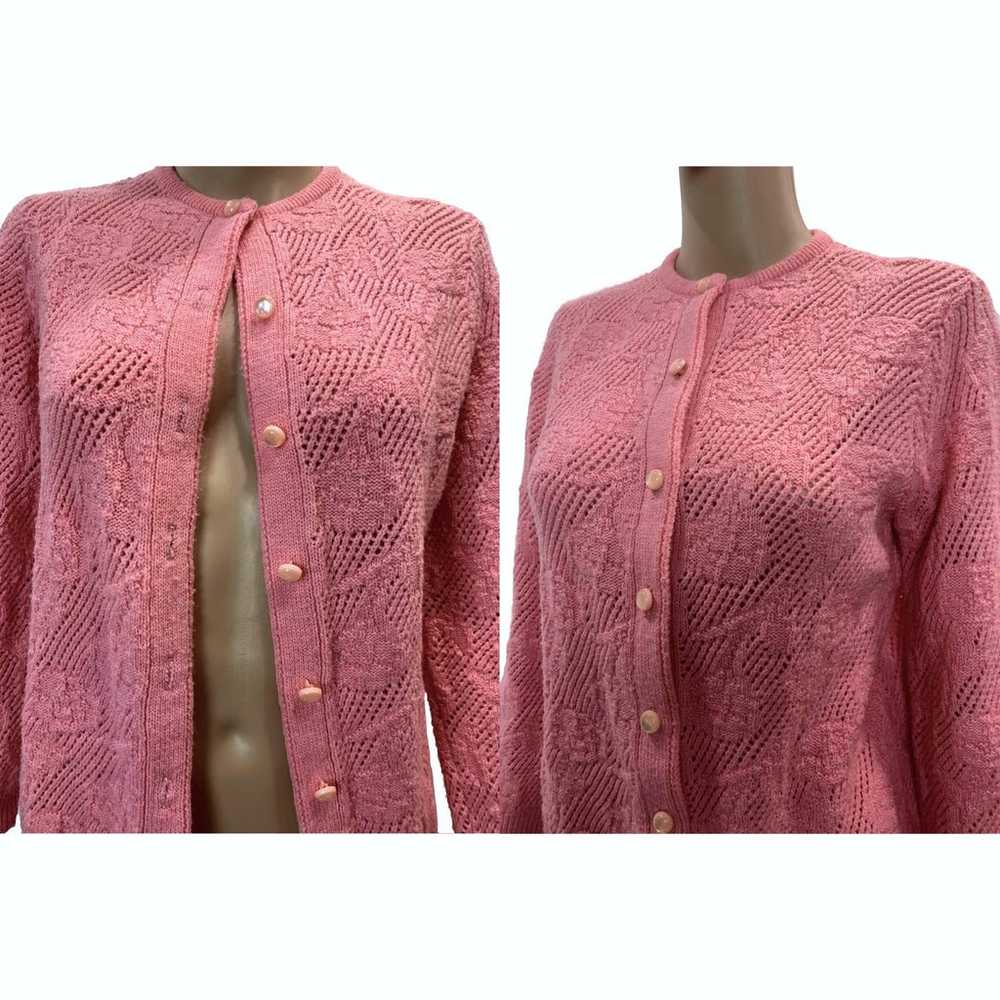 70s Granny Cardigan Pink/Salmon Open Knit Floral … - image 2