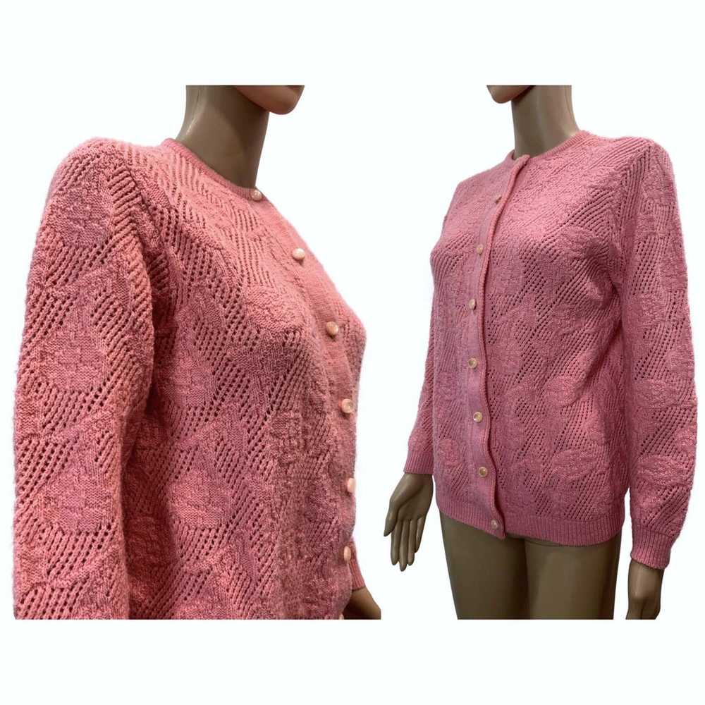 70s Granny Cardigan Pink/Salmon Open Knit Floral … - image 4