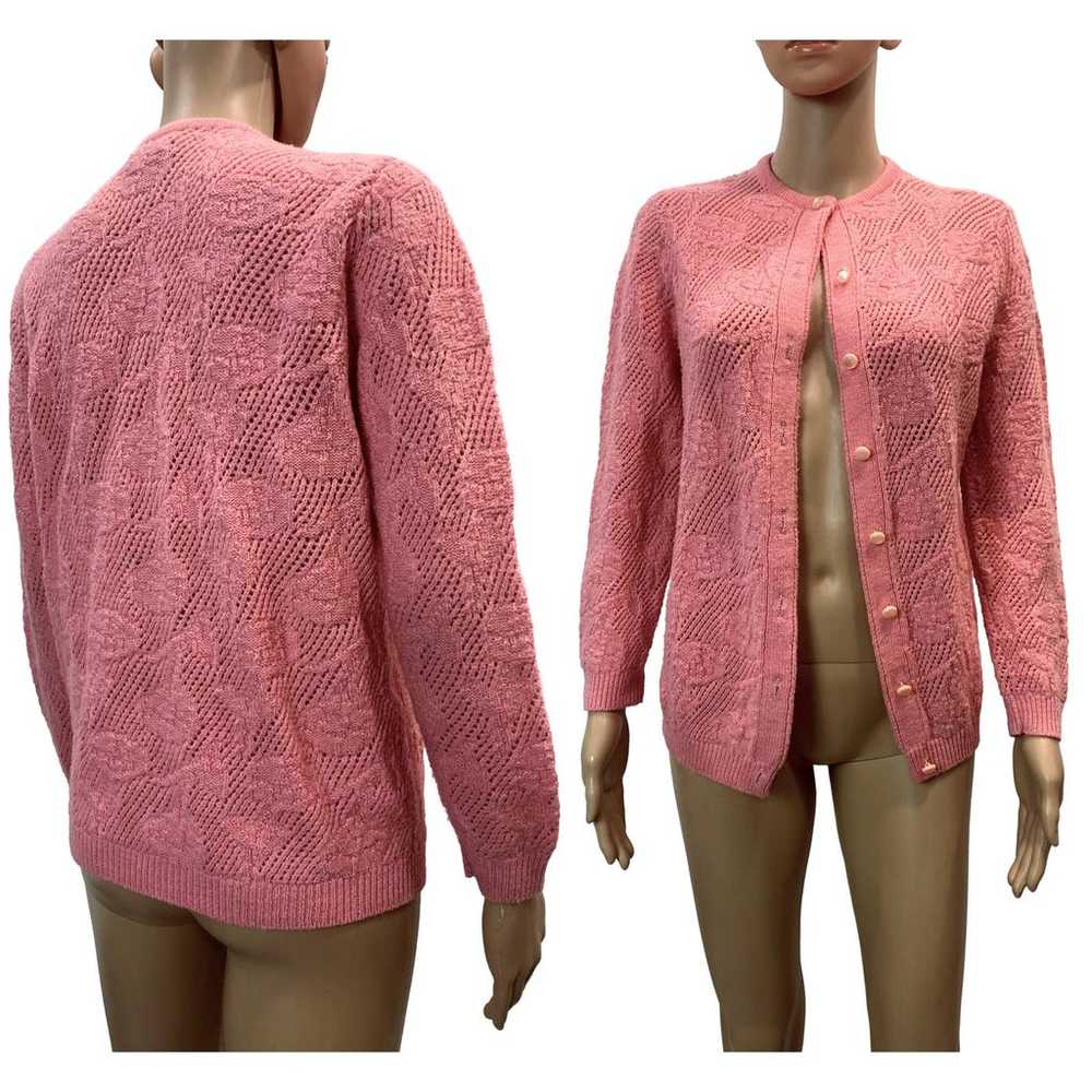 70s Granny Cardigan Pink/Salmon Open Knit Floral … - image 5
