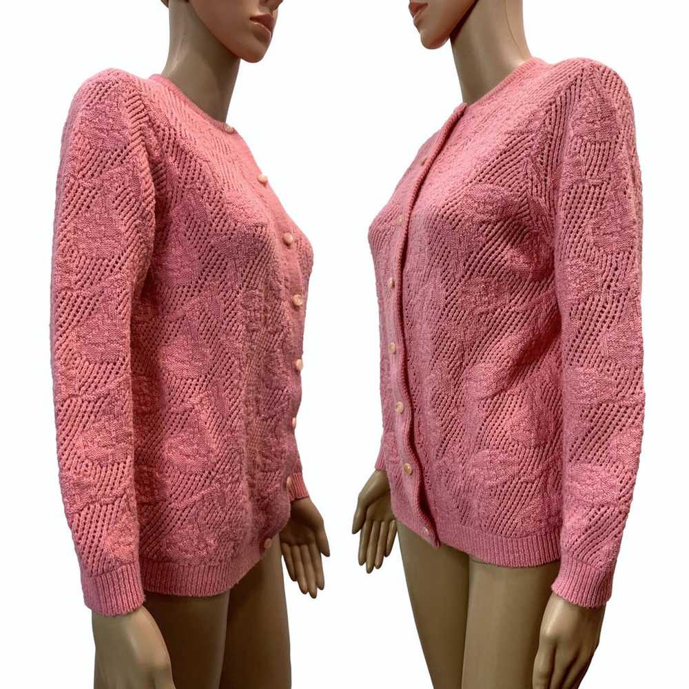 70s Granny Cardigan Pink/Salmon Open Knit Floral … - image 6