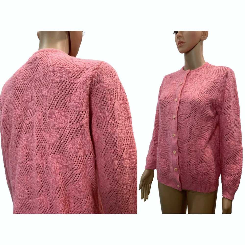 70s Granny Cardigan Pink/Salmon Open Knit Floral … - image 8