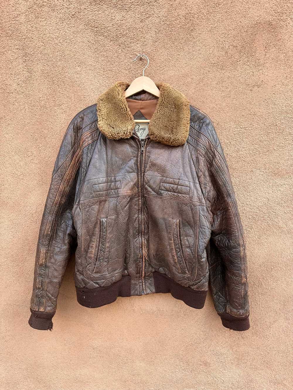 Brown Leather Bomber by Remy with Shearling Colla… - image 1