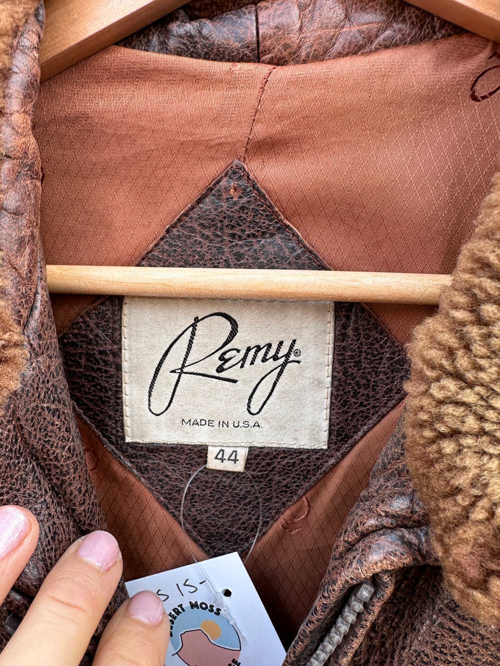 Brown Leather Bomber by Remy with Shearling Colla… - image 4