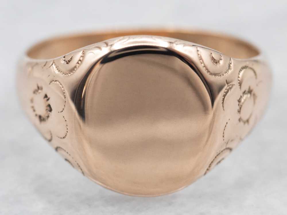 Antique Rose Gold Signet Ring with Floral Shoulde… - image 1