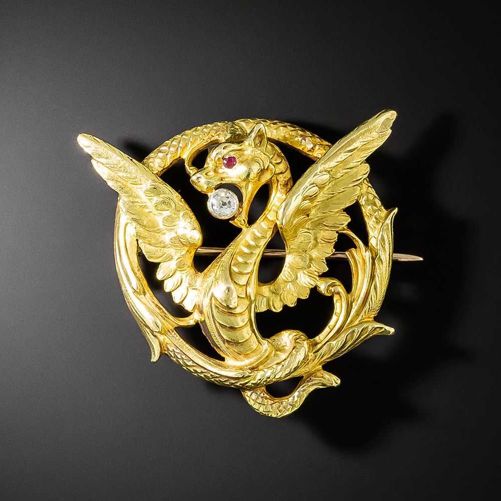 Art Nouveau Griffin with Diamond Brooch - image 1