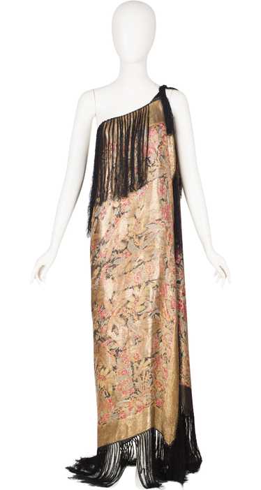 1920s Gold Metal Lamé Floral Black Silk Fringe Sh… - image 1