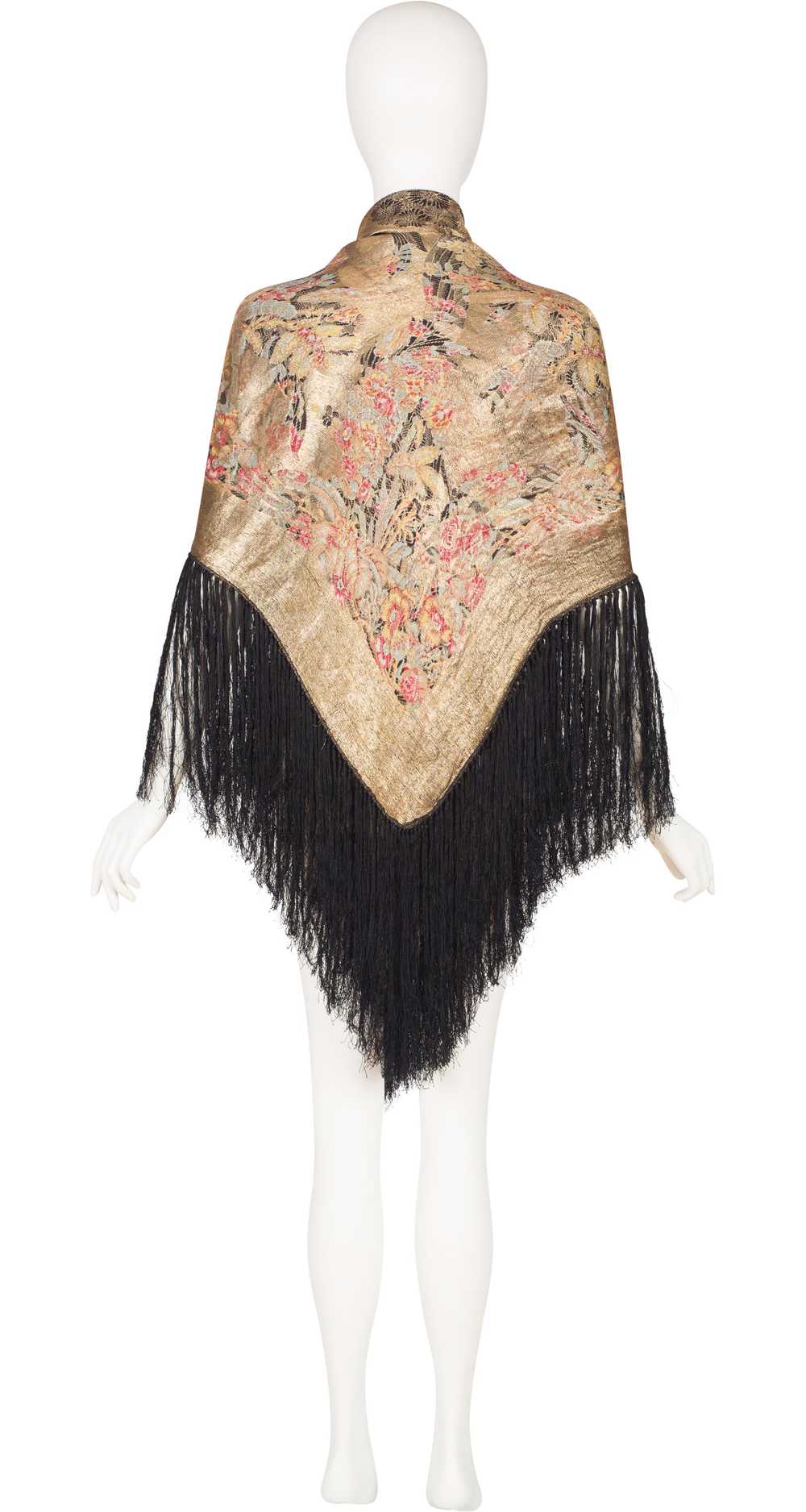 1920s Gold Metal Lamé Floral Black Silk Fringe Sh… - image 2