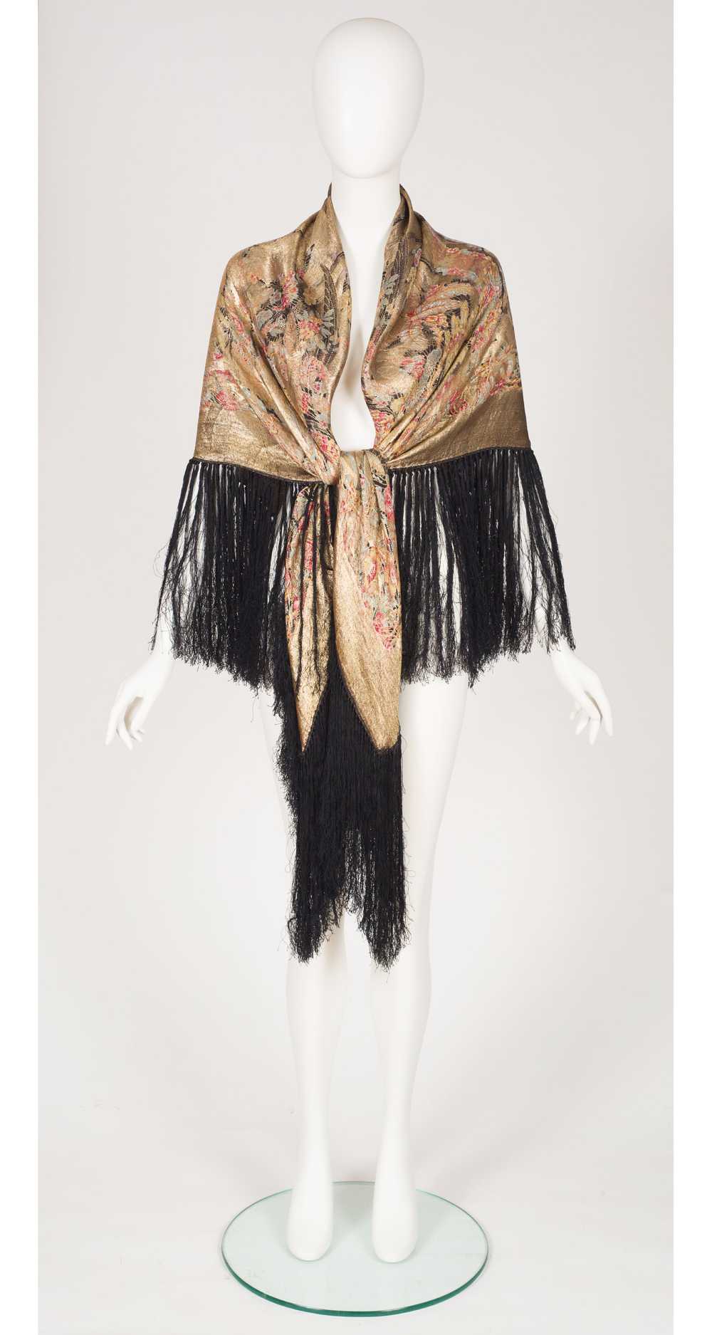 1920s Gold Metal Lamé Floral Black Silk Fringe Sh… - image 3