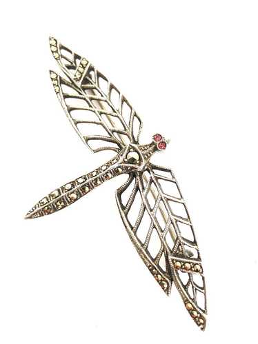 Sterling Silver Dragonfly Brooch w/Marcasite and … - image 1