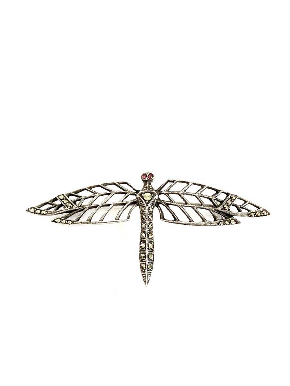 Sterling Silver Dragonfly Brooch w/Marcasite and … - image 2