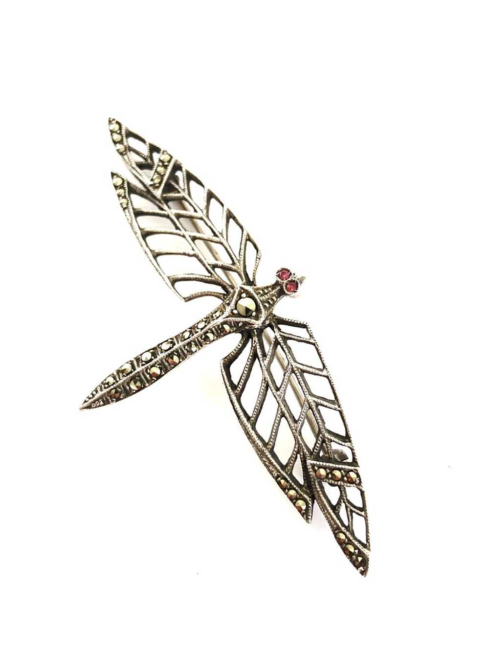 Sterling Silver Dragonfly Brooch w/Marcasite and … - image 4