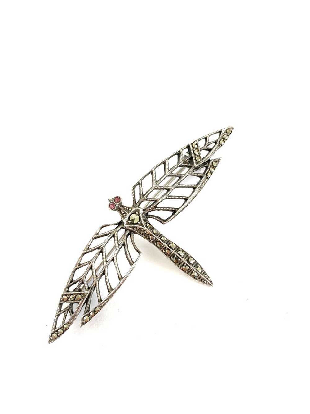 Sterling Silver Dragonfly Brooch w/Marcasite and … - image 5