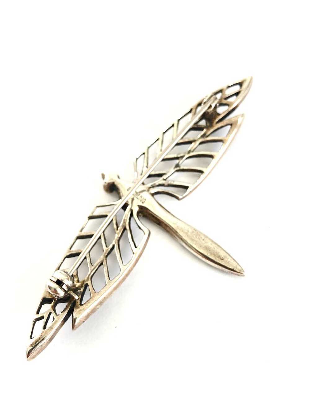 Sterling Silver Dragonfly Brooch w/Marcasite and … - image 6