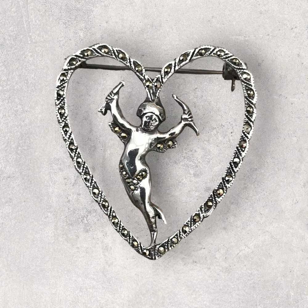 Victorian Sterling Silver Cupid Angel Heart Brooc… - image 1