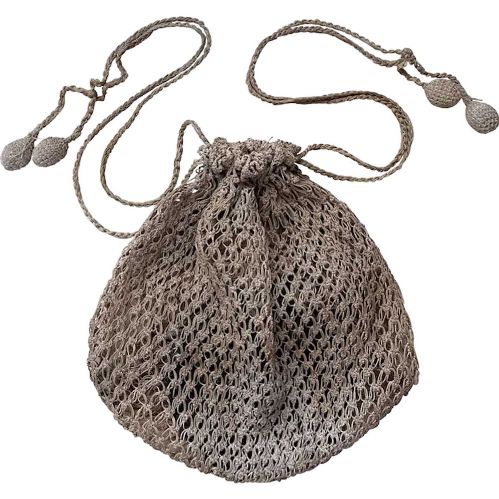 Antique Early 1900s Crocheted Drawstring Handbag … - image 1