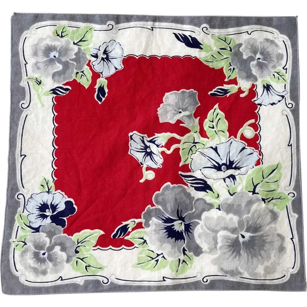 1940s Vintage Handkerchief Hanky Gray Red White M… - image 1