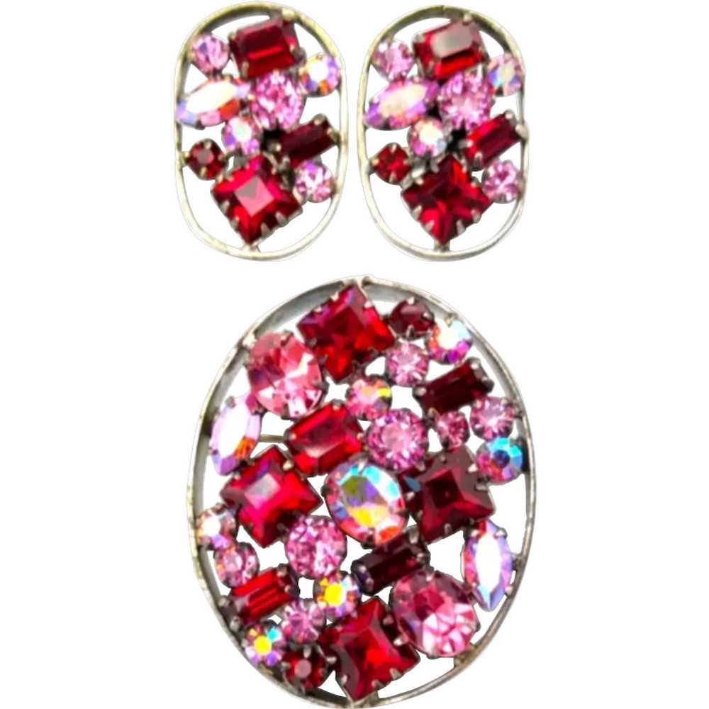 Schreiner Brooch Earrings Set, Red and Pink Rhine… - image 1