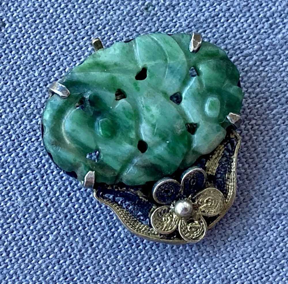 Vintage Pierced Jade Sterling Vermeil Dress Clip - image 2