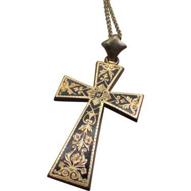 Antique Victorian Engraved, Enamel Accented Cross… - image 1