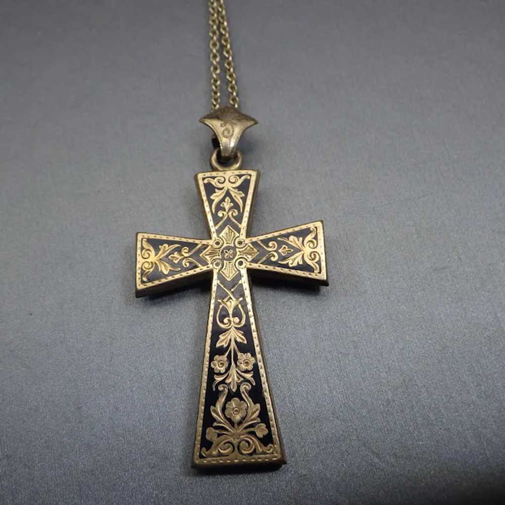 Antique Victorian Engraved, Enamel Accented Cross… - image 2