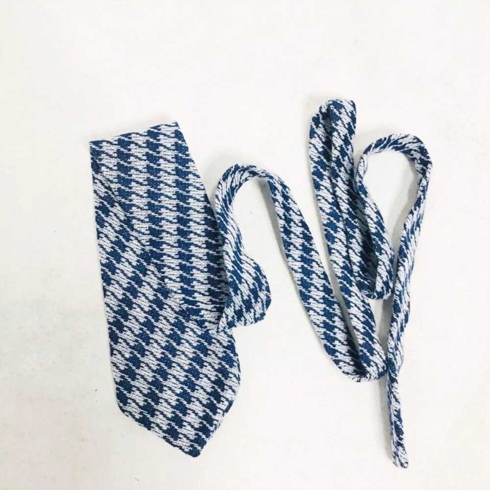 Vintage Knit Houndstooth Plaid Blue Tie - image 2