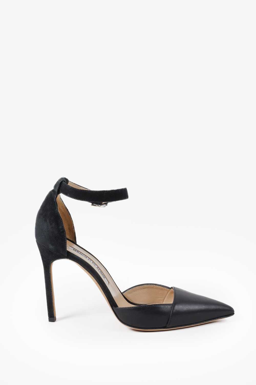 Manolo Blahnik Manolo Blahnik Black Suede and Leather Ankle Strap Pumps