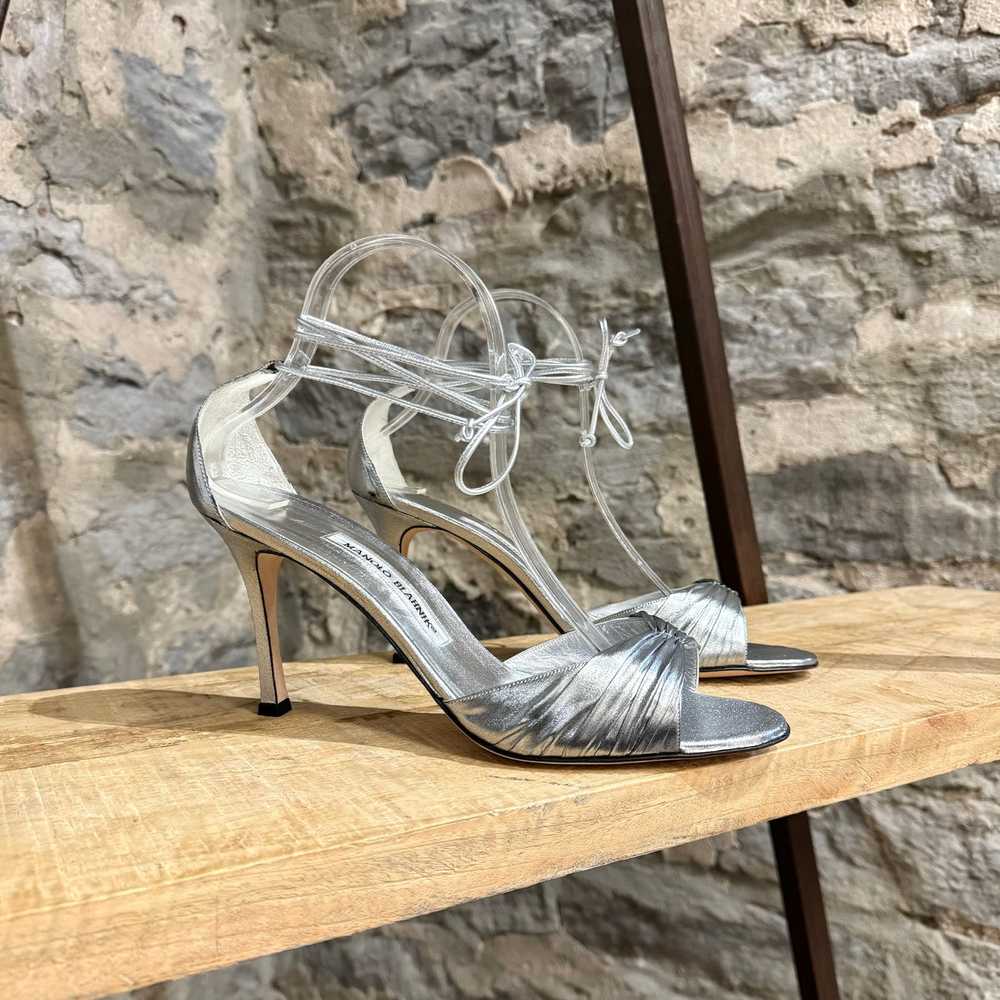 Manolo Blahnik Manolo Blahnik Metallic Silver Wrap Around Heeled Sandals