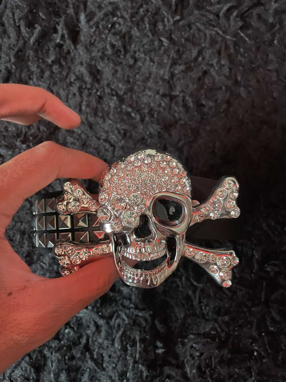 Leather × Streetwear × Vintage Rhinestone skull b… - image 1