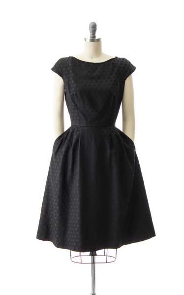 1950s Polka Dot Black Silk Dress with Pockets | sm