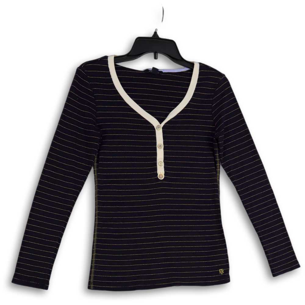 Tommy Hilfiger Womens Blue Gold Striped Tight-Kni… - image 1