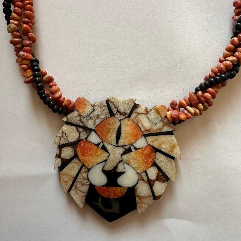 Coral And Wood Lion Pendant Necklace Mosaic Vinta… - image 1