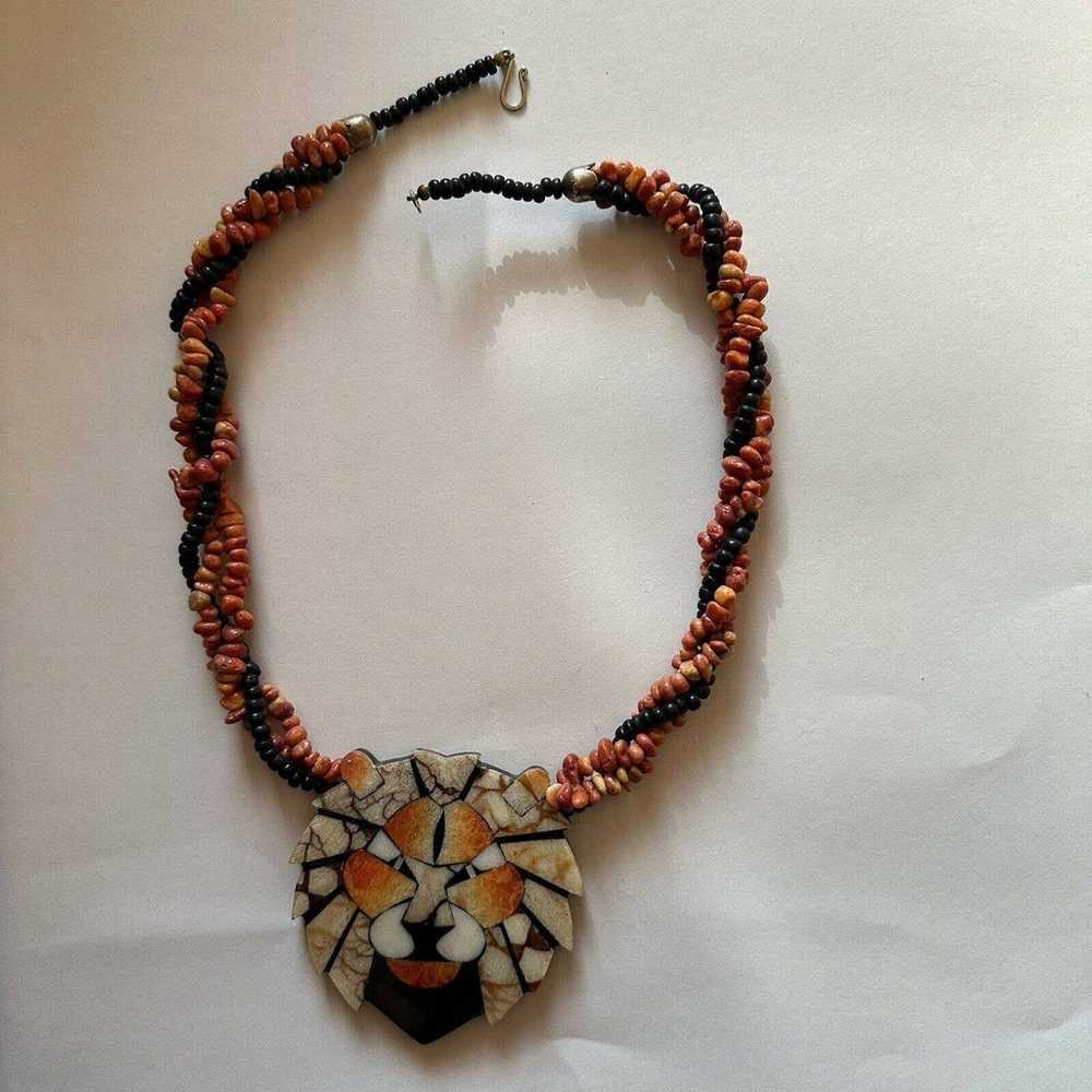Coral And Wood Lion Pendant Necklace Mosaic Vinta… - image 2