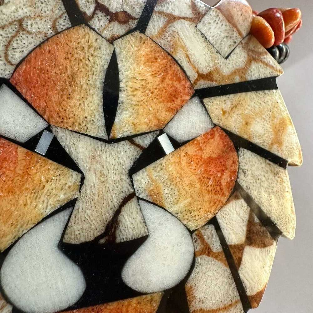 Coral And Wood Lion Pendant Necklace Mosaic Vinta… - image 3
