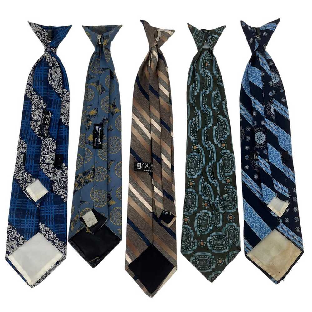 Vintage 70’s Ties Set of 5 Blue Gold Green Clip On - image 4