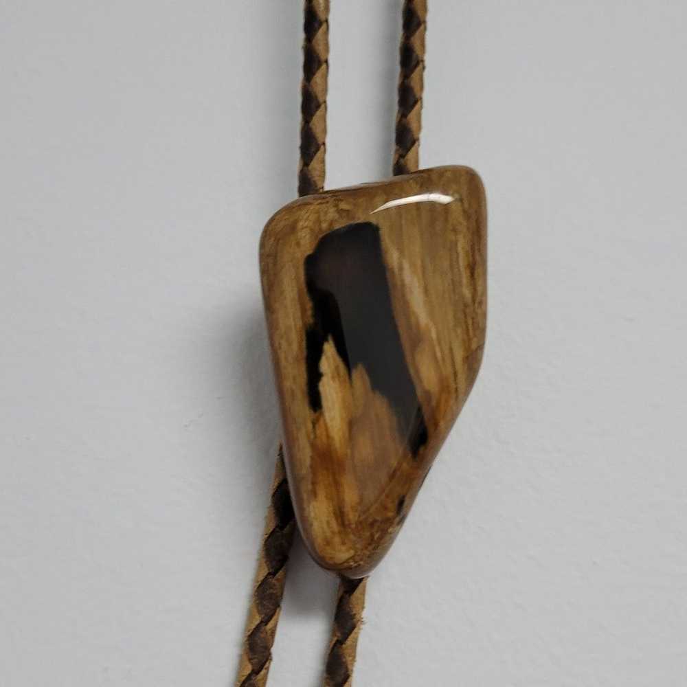 Petrified Wood Bolo Tie Vintage Leather Braided N… - image 1
