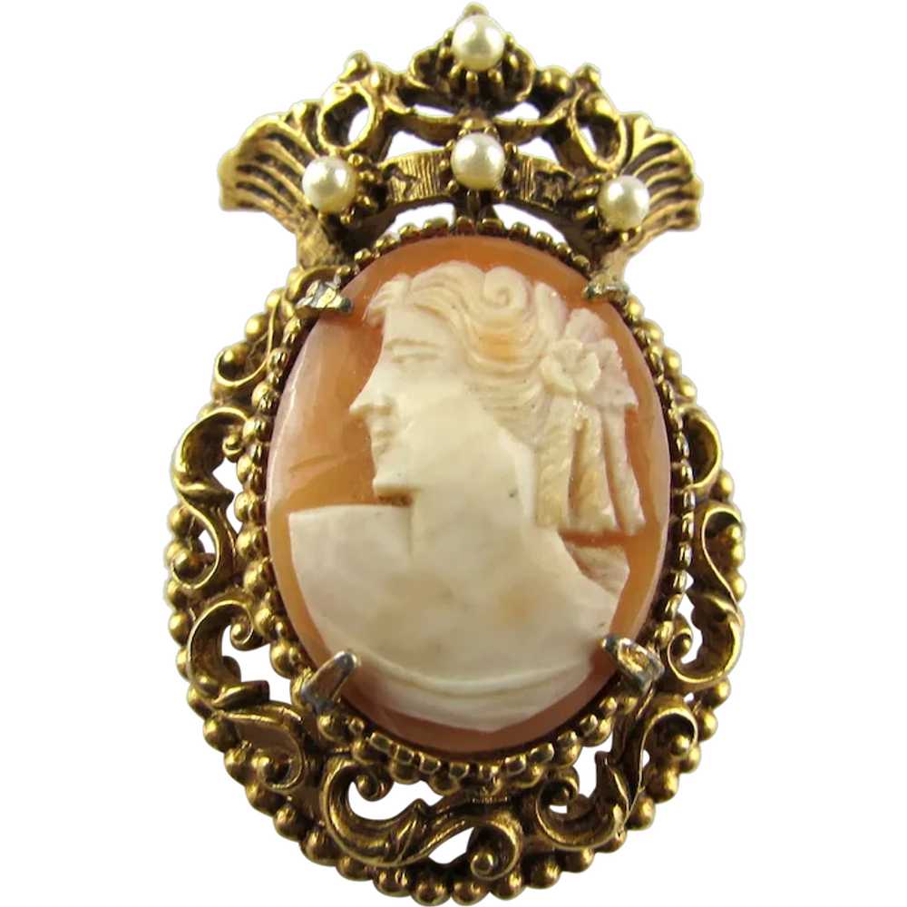 Vintage Florenza Gold Tone Cameo Pin With Tiny Fa… - image 1