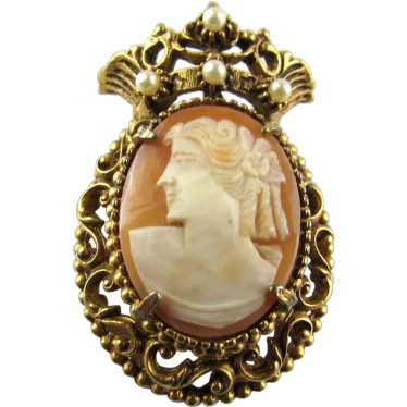 Vintage Florenza Gold Tone Cameo Pin With Tiny Fa… - image 1