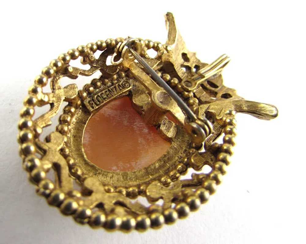 Vintage Florenza Gold Tone Cameo Pin With Tiny Fa… - image 3