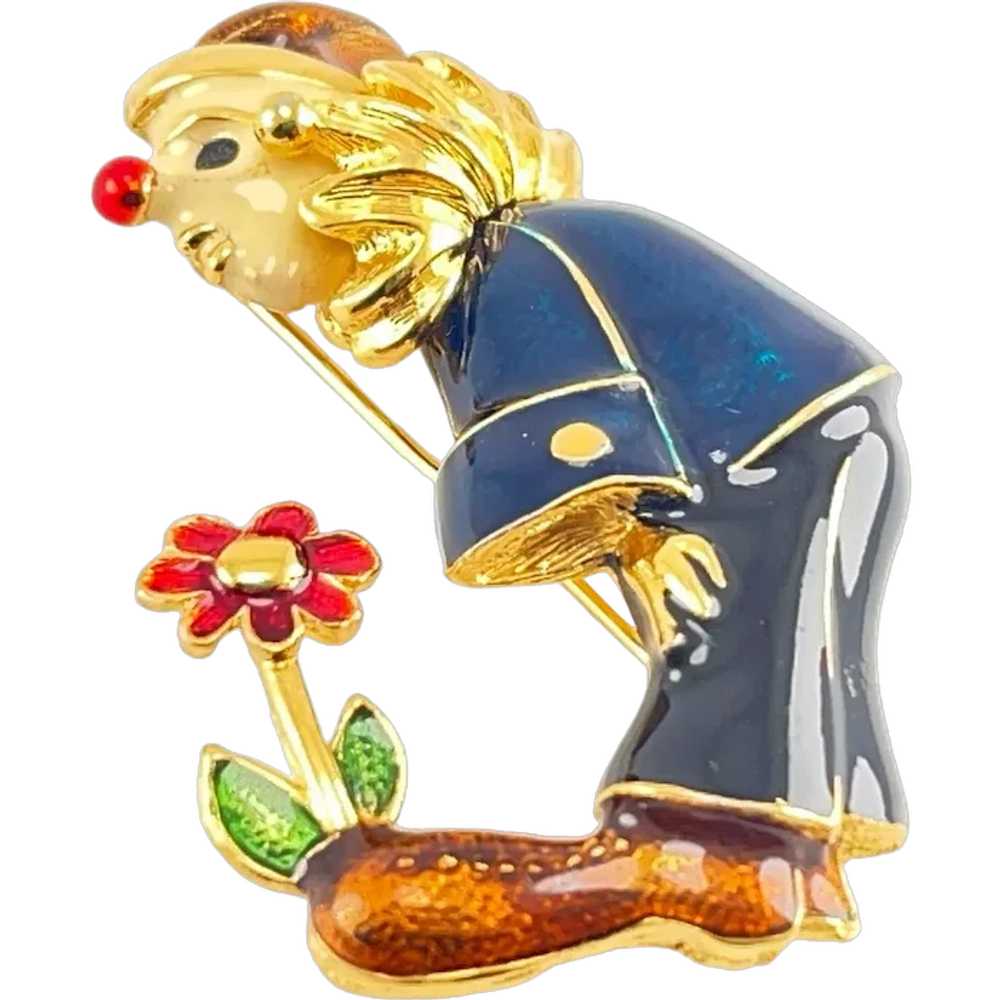 Clown or Jester Pin Enamel with Sprouting Daisy F… - image 1