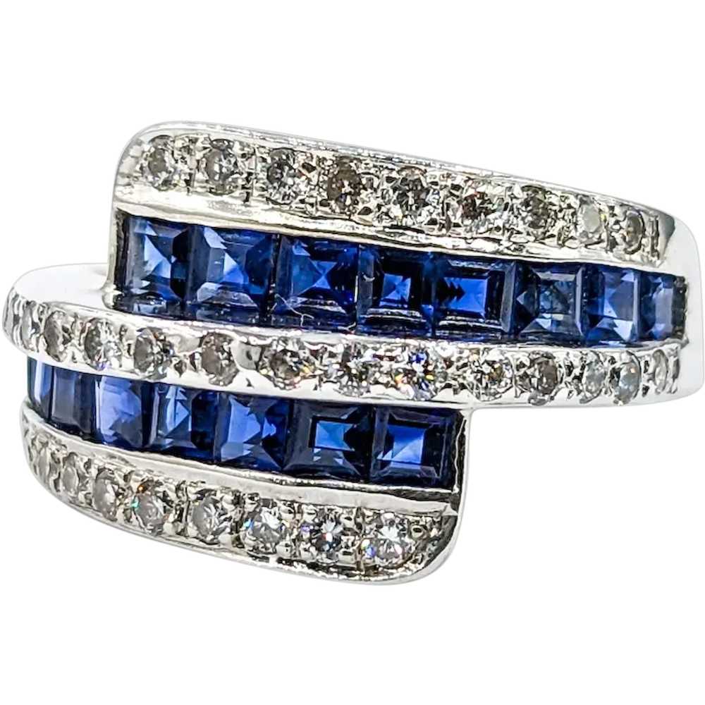 Blue Sapphire & Diamond Bypass Ring In White Gold - image 1
